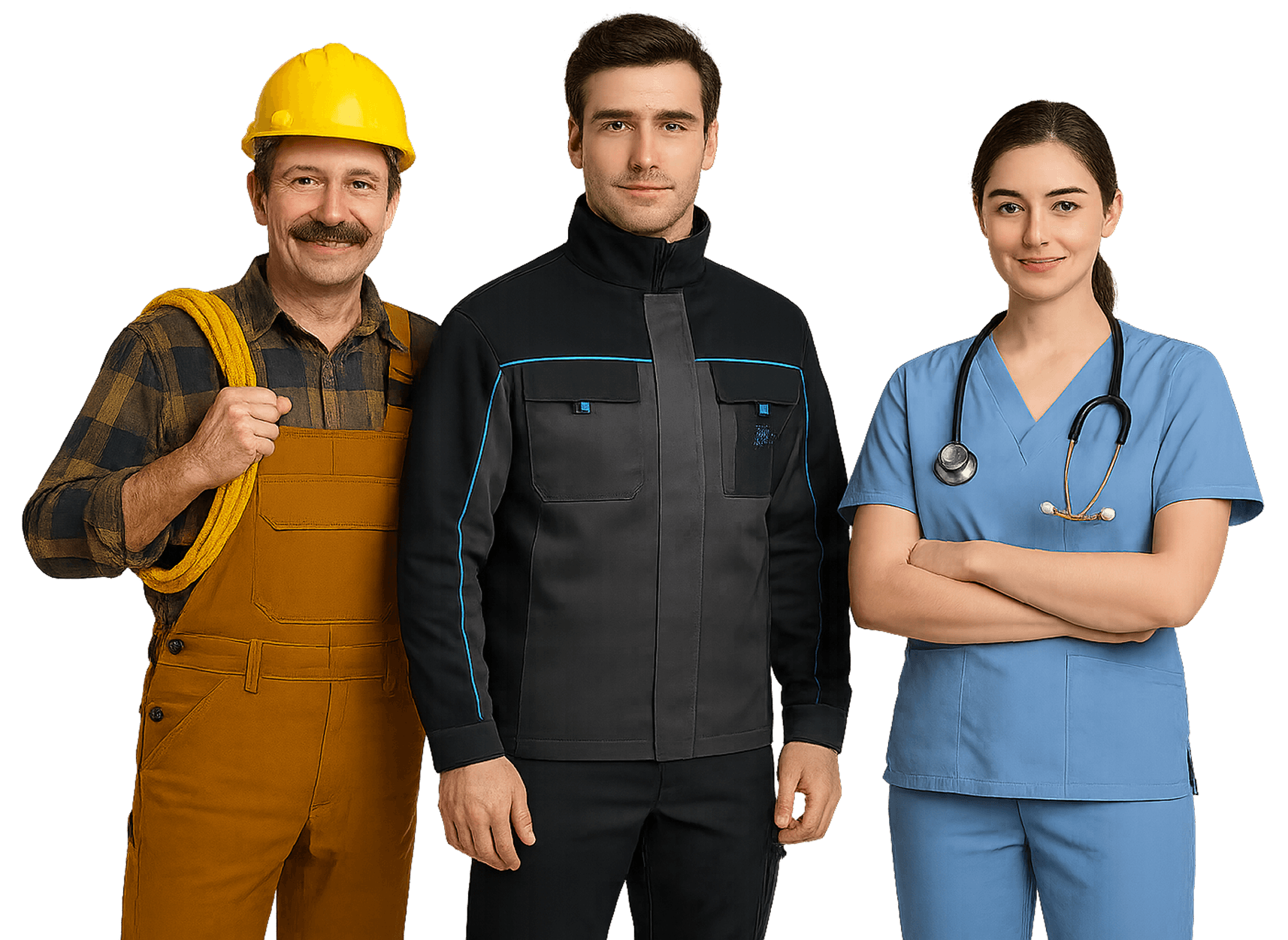 Фотография счастливых людей, одетых в спец одежду от National Safety